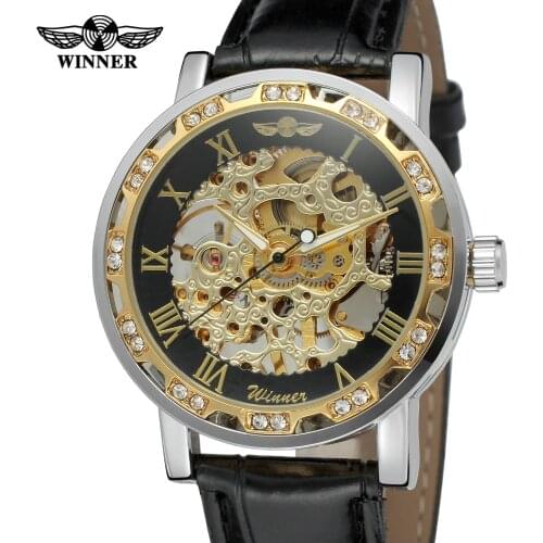 T-Winner Watches for Men on Sale Skeleton Leather Crystal Wrist Watch Color Black Mechanical Watch Brands WRG8012M3T