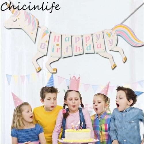 Chicinlife 1Set Unicorn Shape Happy Birthday Banner Unicorn Party Birthday Baby Shower Kids Favors Decoration Supplies