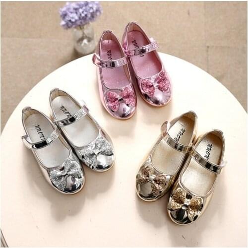 Spring Autumn Children Girls leather Bow shoes fashion Bright diamond single shoes gold silver pink Kids girls baby dance shoes