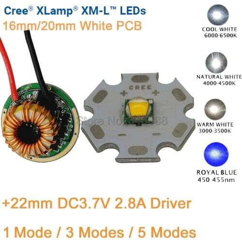 12V Input 22mm 5 Modes Driver + CREE XML XM-L T6 10W White Neutral White Warm White High Power LED Emitter 16/20mm White PCB