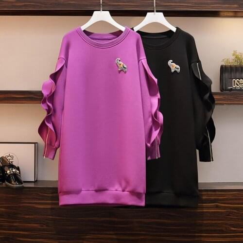 EHQAXIN Plus Size Women Long Sweatshirt Dress Fashion Ruffle Patchwork Zipper Long Sleeve Loose Casual Cotton Pullover L-4XL