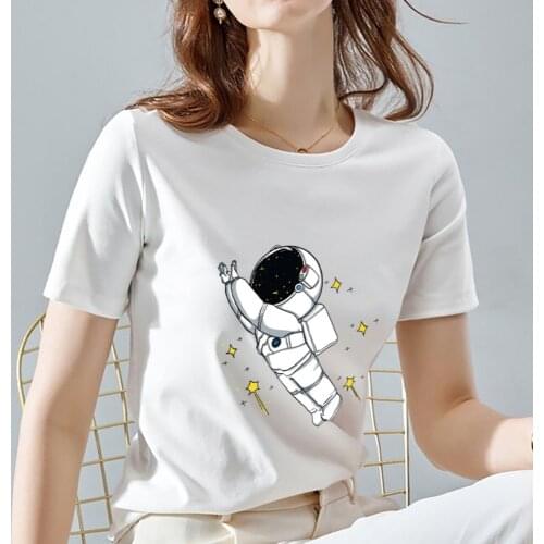 Summer Casual Womens White T-shirt Top Cartoon Astronaut Astronaut Print Series Short-sleeved Ladies O-neck Simple Top T-shirt