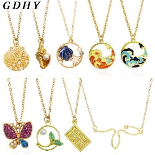 GDHY Fashion Metal Necklaces Butterfly Shell Conch Waves Mermaid tail Abacus Pendant Necklace For Woman Chain Choker Jewelry