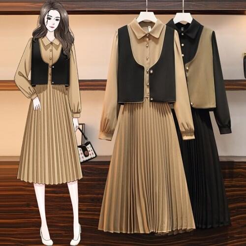 JSXDHK Elegant Large Size Women Autumn Turn Down Collar Pearl Button Pleated Long Dress Suits + Fashion Vest Tops Two Piece Set