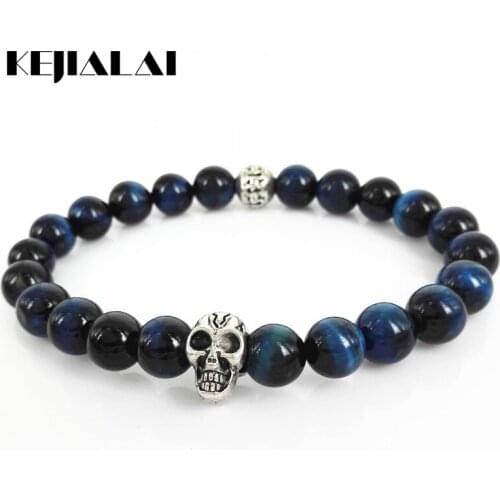 KEJIALAI Trendy Natural Beads Strand Bracelet Men Grade 8mm Blue Tiger Eyes Antique Skull Bracelets 2018 Fashion Bracelet