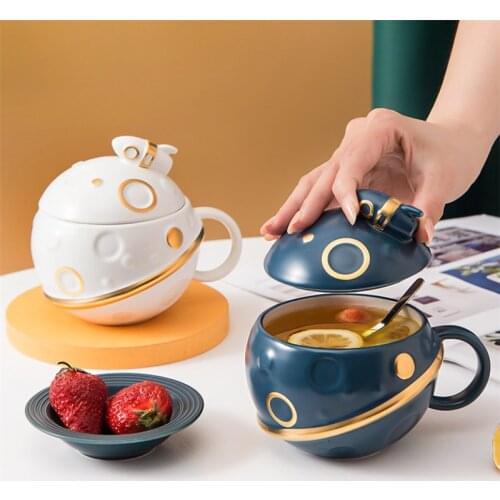 Nordic Ceramic Planet Breakfast Milk Mug With Lid and Spoon Porcelain Simple Large Coffee Mug Office Tea Cup Drinkware 440ML