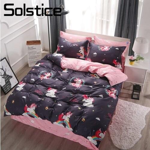 Solstice Home Textile King Full Twin 4Pcs Kid Teenage Girl Bedding Linen Set Pink Rainbow Black Duvet Cover Pillowcase Bed Sheet