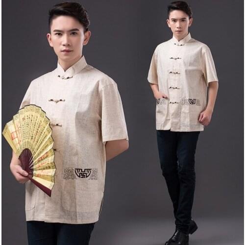 Linen Man Chinese Traditional Costume Short Sleeve Tang Clothing Male Kungfu Clothes Chinese Ancient Costume Taichi Clothes 89