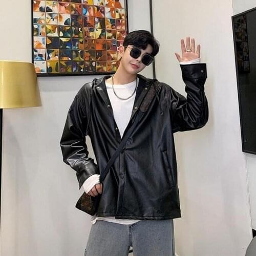 Motorcycle Korean Mens Casual PU Leather Jackets Autumn Long Sleeve Single Breasted Loose Male Fashion Outerwear Hooded Coats