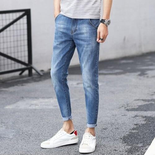 Mens jeans 2020 spring and autumn mens new slim jeans mens elastic feet pants student trend casual nine points pants men