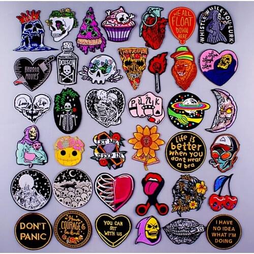 Punk Skull Patches Pack Skeleton Badge Patch Iron On Patches On Clothes Stripes Applique Embroidered Patch For Clothing Sticker