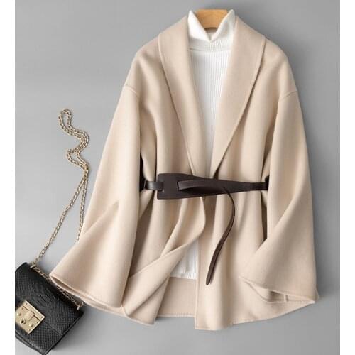 2021 New Slim Double-sided Cashmere Coat Womens Short Lace Up Small Personality High-end Woolen Jacket