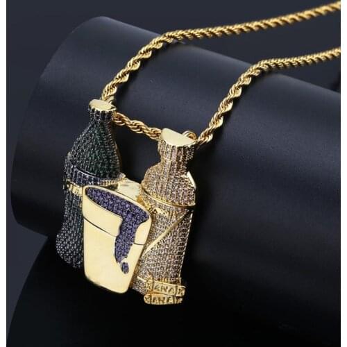 New Fashion Shiny Wine Bottle Purple Cup Multicolor Combo Pendant Necklace Gold Color Iced Out Cubic Zircon Men Hip Hop Jewelry