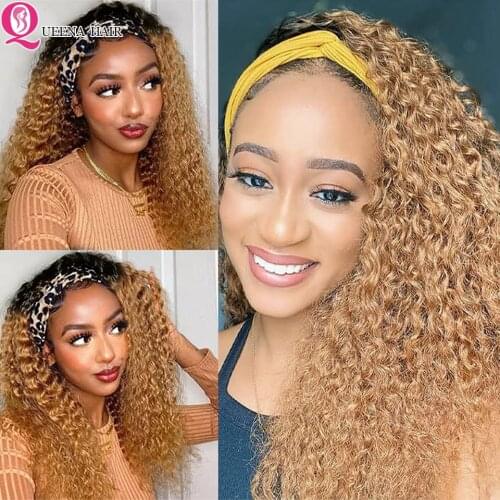 Ombre Headband Wig Human Hair Deep Wave Wig Curly Ombre Headband Wigs For Black Women Remy Brazilian Blonde Headband Wig Queena