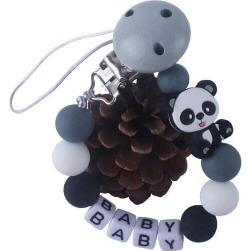 Pacifier Chain Clips Personalized Name Wooden Clip Silicone Teether Cartoon Panda Holder Chain Baby Teether Gift Nipple Holder