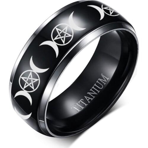 Personalized Triple Moon Goddess Ring Titanium Pagan Wiccan Crescent Witch Free Engraving Jewelry