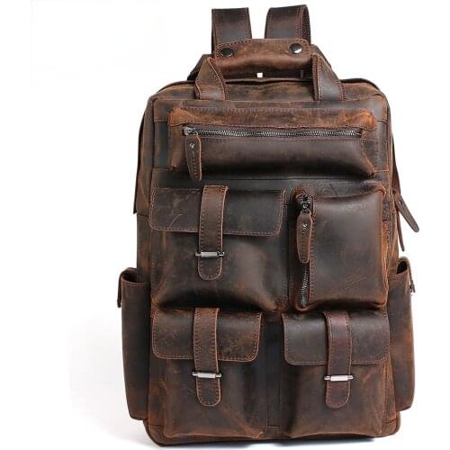 European and American simple mens backpack leather mens bag large-capacity computer bag multifunctional travel bag