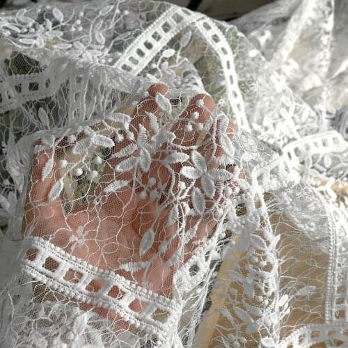 100x140cm Luxury White Embroidered French Net Lace Fabric DIY Curtain Dessert Tablecloth Supply Wedding Dress Decoration Fabric