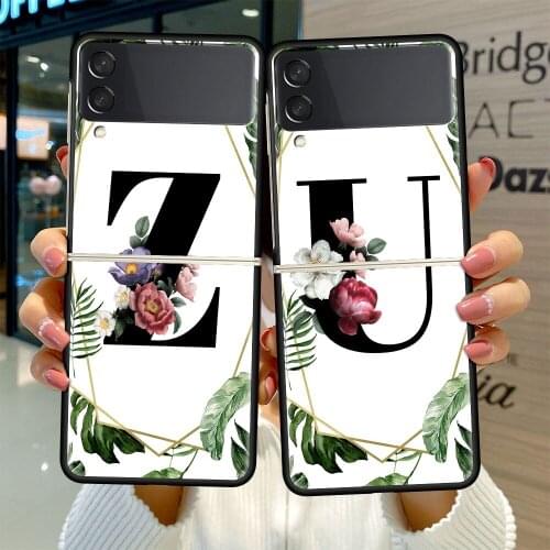 Fold Case For Samsung Galaxy Z Flip 3 Foldable Black Soft Edge Coque ZFlip3 5G High Quality Phone Cover Brown Leaves Letter R