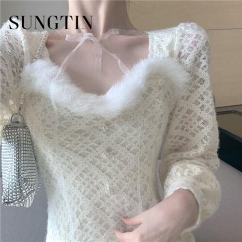 Sungtin Autumn Winter Slim Lace Dress Women Hollow Elegant Solid Sexy Party Dress Femal Fur Collar Thick Long Sleeve Dress White