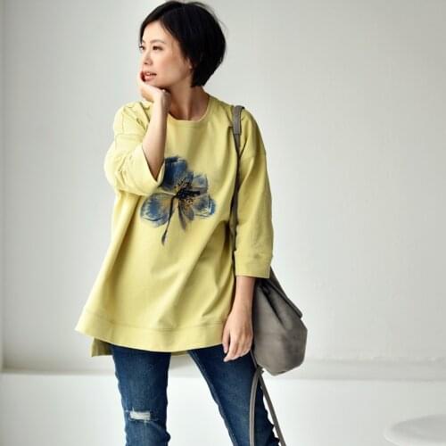 MICOCO T9687C Leisure art hand nail bead printing loose and comfortable Seven minute sleeves Round collar T-shirt