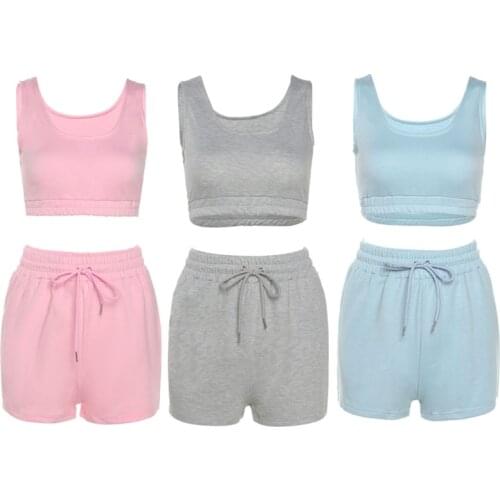 Women Solid Color Sportswear 2pcs Sleeveless Crop Tank Top and Drawstring Shorts Matching Set Summer Tracksuit Outfits