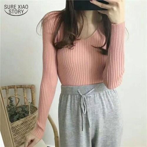 2021 All-match Inner Sweater Women Autumn V-neck Long-sleeve Bottoming Sweater for Women Pure Fashion Short Sweater Women 16034