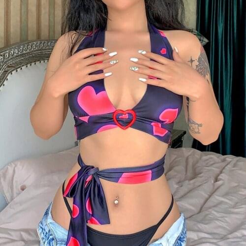 Beach Style Slim Fit Y2K Aesthetic Heart Print Bustier Top Sexy V Neck Backless Bandage Cropped TopCorset Cami Women Clubwear
