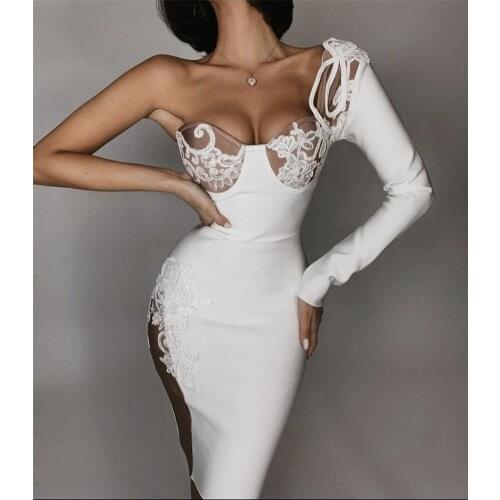 2020 Women Sexy One Sleeve Crystal Hand Made Party Dress Ladies Trendy Designer Celebrity Chic Dress Vestido