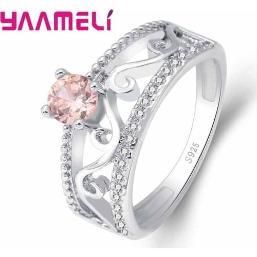 Sweet Cute Style Warm Tone Pale Pink Crystal Wave Shape Ring 925 Sterling Silver For Women Wedding Birthday Gift