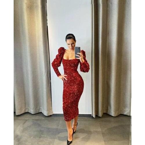 High Quality Autumn Fashion Sequins Midi Dress Women Fashion Square Collar Bodycon Dress Backless Celebrity Evening Party Dress