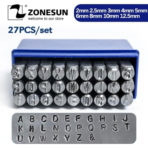 ZONESUN 27pcs Jewelry metal Stamps Alphabet Set A-Z With & Letter Punch Die Steel Metal Stamping Tool 2/3/4/5/6/8/10/12.5mm