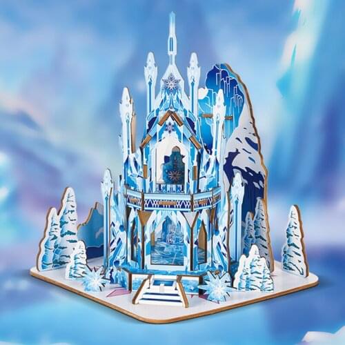 Ice Castle 3D Wooden Puzzle DIY Laser Cutting Puzzles Handmade Wooden Stickers Children Education Toys with 68pcs Parts