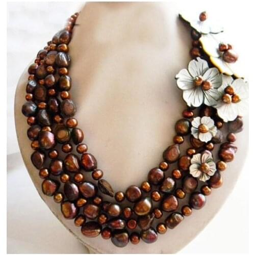 4Strands 19'' 12mm Coffee Baroque Shell Flower Freshwater Pearl Necklace
