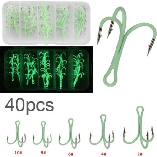 40pcs/lot Fishing Hooks High Carbon Steel Crank Treble Hook 2# 4# 6# 8# 10# Luminous Fishing Hooks