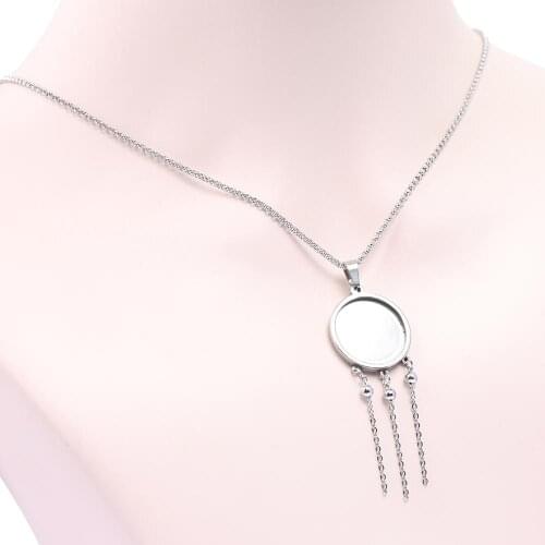 5pcs Stainless Steel 55cm Long Chain Pendant Cabochon Base Setting Trays With Tassel Charms Diy Necklace Bezels For Jewelry