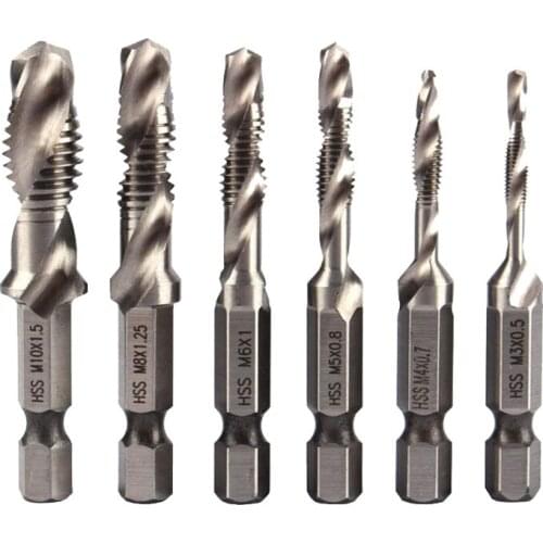 6Pcs Hexagonal Shank HSS Drill Tapping Chamfer Three-in-one Composite Tap Set M3 M4 M5 M6 M8 M10 Machine Spiral Metric Tap Bit