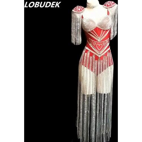 Glittering Rhinestones Fringes Red Bodysuit Sexy Luxury Leotard Women Birthday Celebrate Stage Outfit Singer Party Dance Costume