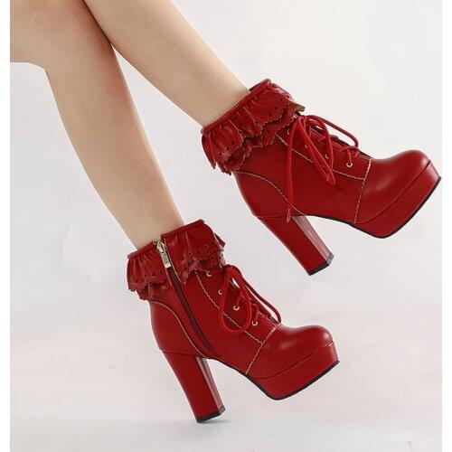 Ladies Ankle Boots Women Shoes Sweet Lace Lolita Lovely Cosplay Platform Ladies High Heels Boots Woman Plus Size 48