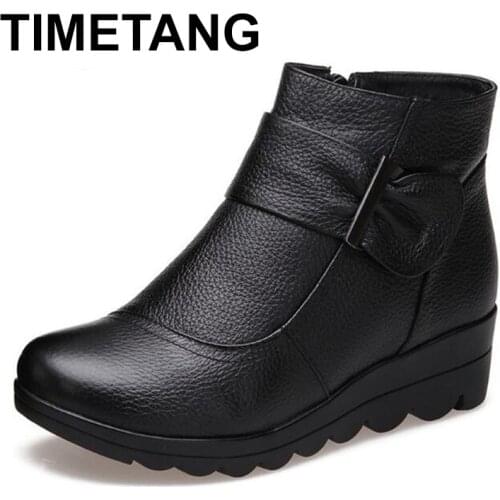 TIMETANG brand boots women shoes winter ankle boots 2018 Warm comfortable wedges mom snow boots cow leather shoes woman boots