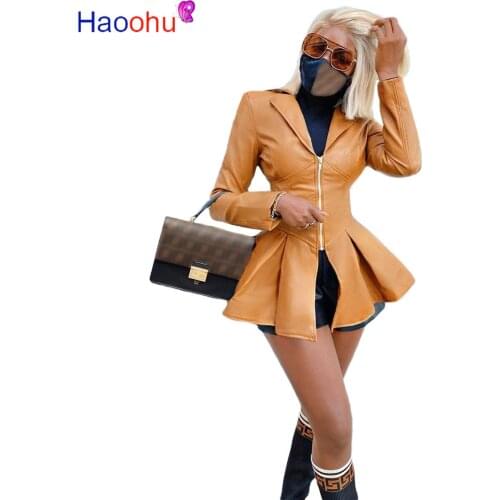 HAOOHU Autumn Winter Faux Leather Women Long Sleeve Zipper Ruffles Coat & Jacket Streetwear Activewear Sexy PU Coats