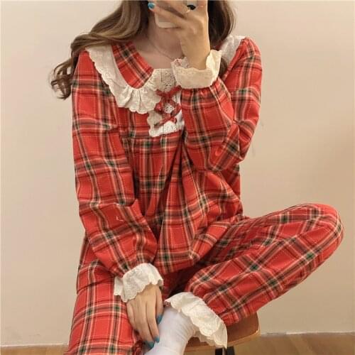 3 color cute plaid sleepwear home set women pajamas set lace bow tie pater pan collar homewear lolita princess ruffles Y182