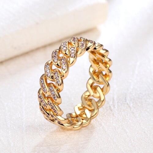 Rock Punk Cuban Link Chain Rings For Men Crystal Gold Color Men Rings Accessories Fashion Hip Hop Jewelry Rings For Women OHR021