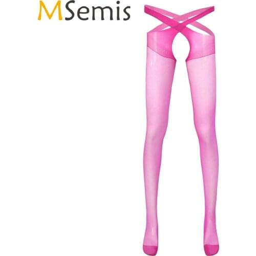 Mens See-through Thin Pantyhose Underwear Hollow Out Open Crotch Stretchy Cross Tights Lingerie Stockings