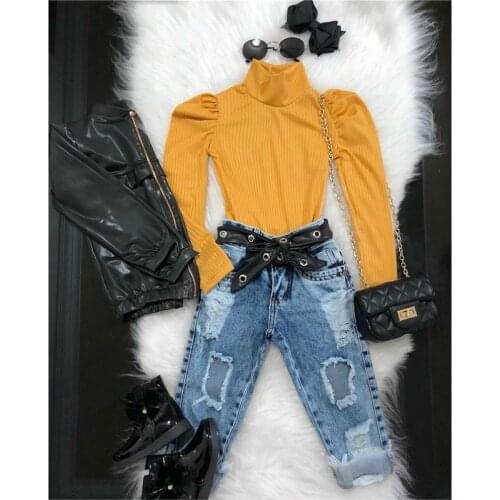 2021 New Kids Girls Autumn Clothes Sets Children Long Sleeve Turtleneck Knit Tops + Ripped Denim Pants 2Pcs Outfit 2-7Y