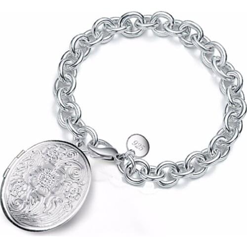Charming High Quality Vinatage Flower Pattern Photo Locket Silver Bracelet For Mothers Day Popular Gift Free Shipping