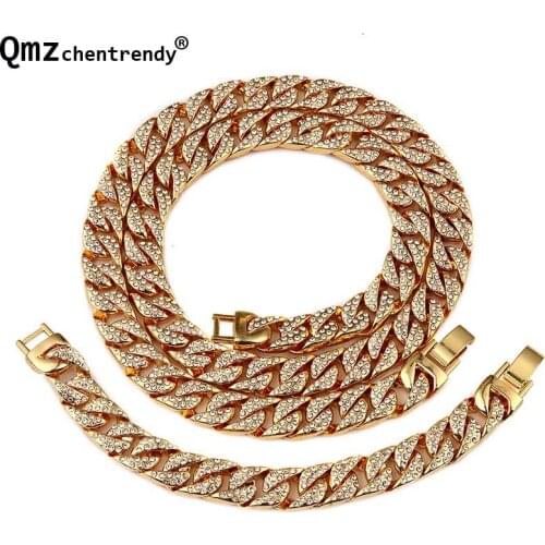 Men Hip Hop Fully Bling Iced Out Rhinestone Necklace Imitation Gemstone Miami Cuban Chain Necklace Bracelet Curb Jewelry Set