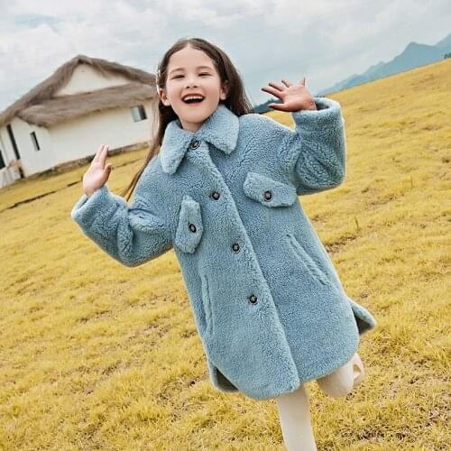 Girls Long Lambs Wool Coat Fur Young Girls Thick Warm Windbreaker Childrens Warm Thick WindbreakerTeen Warm Wool Fur Coat