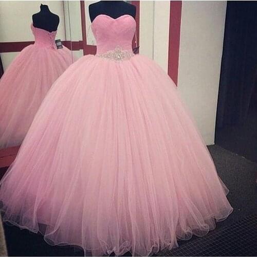 Pleated Tulle Quinceanera Dress Crystal Beaded Ball Gown Sweetheart Sweet 16 Prom Dresses