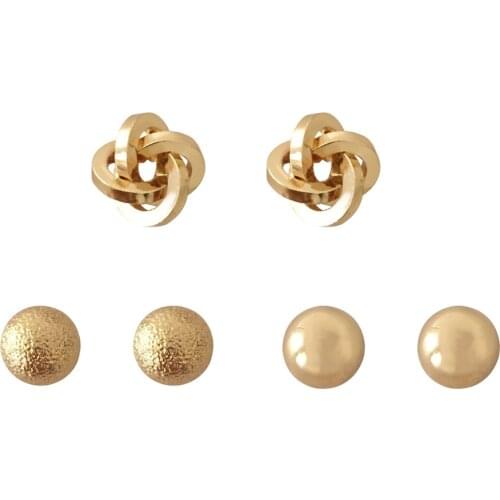Causal Gold Color Plating Smooth Ball Textured Knot 3 Pair Stud Earrings Pack For Women Girl Elegant Gorgeous Casual Jewelry